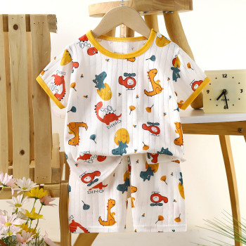 Children’s Cotton Summer Pajama Set – Short Sleeve Two-Piece with Cartoon Print | Aircraft Dinosaur