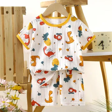 Children’s Cotton Summer Pajama Set – Short Sleeve Two-Piece with Cartoon Print | Aircraft Dinosaur