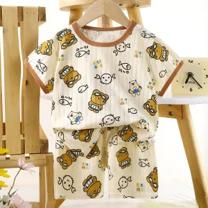 Children’s Cotton Summer Pajama Set – Short Sleeve Two-Piece with Cartoon Print | Diving Bear
