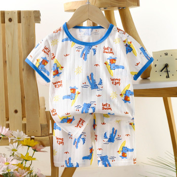 Children’s Cotton Summer Pajama Set – Short Sleeve Two-Piece with Cartoon Print | Swimming Crocodile
