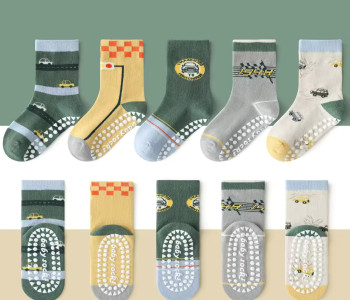 1-3 Year | 5 Pair Brown Chocolate Cozy Non-Slip Socks for Toddlers | Green Dino Grip Socks by Durian Minliu Sock | Imported China | 5 Pair Set