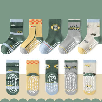 1-3 Year | 5 Pair Brown Chocolate Cozy Non-Slip Socks for Toddlers | Green Dino Grip Socks by Durian Minliu Sock | Imported China | 5 Pair Set