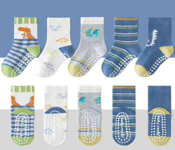 1-3 Year | 5 Pair Brown Chocolate Cozy Non-Slip Socks for Toddlers | Green Dino Grip Socks by Durian Minliu Sock | Imported China | 5 Pair Set
