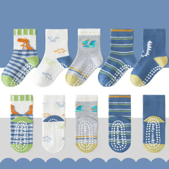 1-3 Year | 5 Pair Brown Chocolate Cozy Non-Slip Socks for Toddlers | Green Dino Grip Socks by Durian Minliu Sock | Imported China | 5 Pair Set