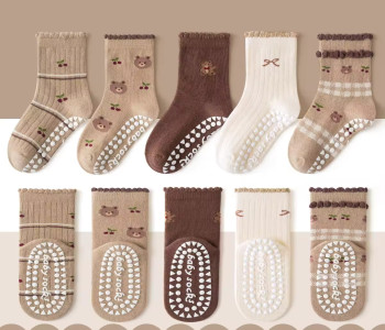 1-3 Year | 5 Pair Brown Chocolate Cozy Non-Slip Socks for Toddlers | Green Dino Grip Socks by Durian Minliu Sock | Imported China | 5 Pair Set