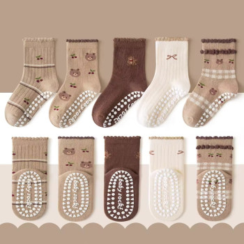 1-3 Year | 5 Pair Brown Chocolate Cozy Non-Slip Socks for Toddlers | Green Dino Grip Socks by Durian Minliu Sock | Imported China | 5 Pair Set