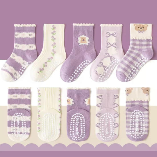 1-3 Year | 5 Pair Brown Chocolate Cozy Non-Slip Socks for Toddlers | Green Dino Grip Socks by Durian Minliu Sock | Imported China | 5 Pair Set