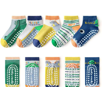 1-3 Year | 5 Pair Brown Chocolate Cozy Non-Slip Socks for Toddlers | Green Dino Grip Socks by Durian Minliu Sock | Imported China | 5 Pair Set