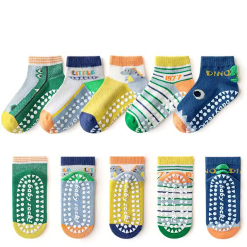 1-3 Year | 5 Pair Brown Chocolate Cozy Non-Slip Socks for Toddlers | Green Dino Grip Socks by Durian Minliu Sock | Imported China | 5 Pair Set