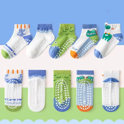 1-3 Year | 5 Pair Brown Chocolate Cozy Non-Slip Socks for Toddlers | Green Dino Grip Socks by Durian Minliu Sock | Imported China | 5 Pair Set