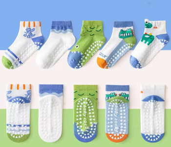 1-3 Year | 5 Pair Brown Chocolate Cozy Non-Slip Socks for Toddlers | Green Dino Grip Socks by Durian Minliu Sock | Imported China | 5 Pair Set
