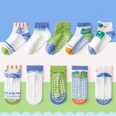 1-3 Year | 5 Pair Brown Chocolate Cozy Non-Slip Socks for Toddlers | Green Dino Grip Socks by Durian Minliu Sock | Imported China | 5 Pair Set