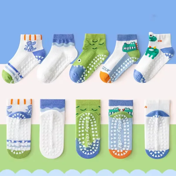 1-3 Year | 5 Pair Brown Chocolate Cozy Non-Slip Socks for Toddlers | Green Dino Grip Socks by Durian Minliu Sock | Imported China | 5 Pair Set