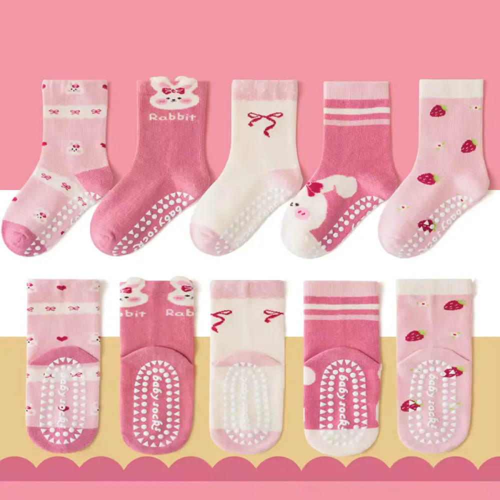 1-3 Year | 5 Pair Brown Chocolate Cozy Non-Slip Socks for Toddlers | Green Dino Grip Socks by Durian Minliu Sock | Imported China | 5 Pair Set
