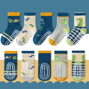 1-3 Year | 5 Pair Brown Chocolate Cozy Non-Slip Socks for Toddlers | Green Dino Grip Socks by Durian Minliu Sock | Imported China | 5 Pair Set