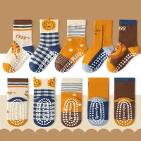 1-3 Year | 5 Pair Brown Chocolate Cozy Non-Slip Socks for Toddlers | Green Dino Grip Socks by Durian Minliu Sock | Imported China | 5 Pair Set