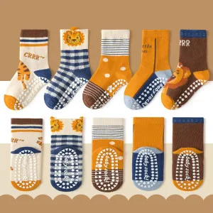 1-3 Year | 5 Pair Brown Chocolate Cozy Non-Slip Socks for Toddlers | Green Dino Grip Socks by Durian Minliu Sock | Imported China | 5 Pair Set