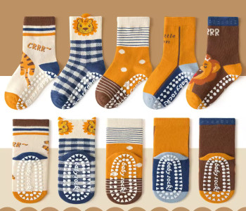 1-3 Year | 5 Pair Brown Chocolate Cozy Non-Slip Socks for Toddlers | Green Dino Grip Socks by Durian Minliu Sock | Imported China | 5 Pair Set