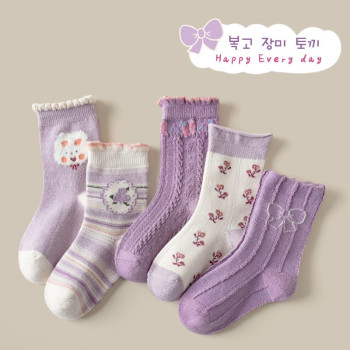 Children’s Socks For Princess – Retro Rose Rabbit – (1-4 Year Size) – 5 Pair Set