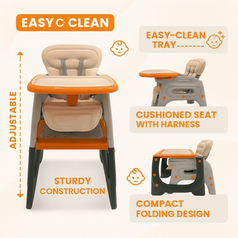 IVOLIA 6-in-1 Multi-Function Baby Feeding Chair & Convertible Study Table