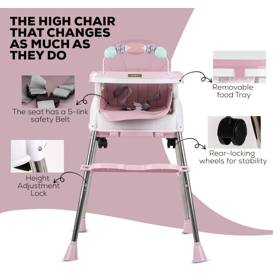 Adjustable Baby High Chair with Feeding Tray, Baby Dinner Chair with Wheels
