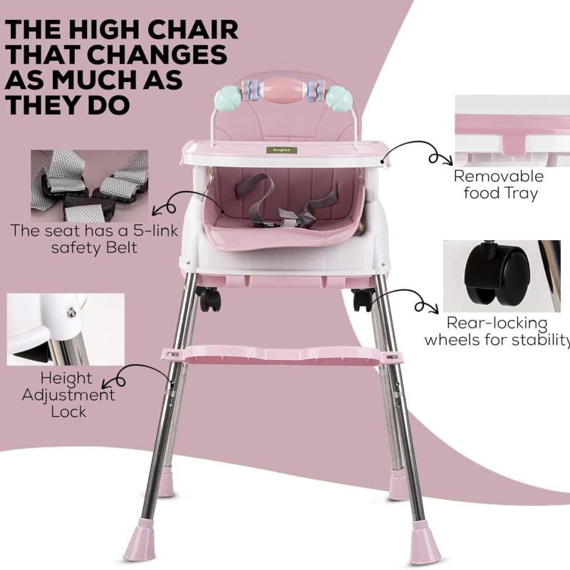 Adjustable Baby High Chair with Feeding Tray, Baby Dinner Chair with Wheels-Lokkisona-bangladesh