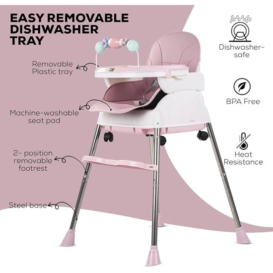 Adjustable Baby High Chair with Feeding Tray, Baby Dinner Chair with Wheels