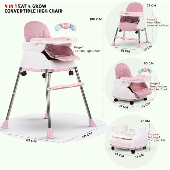 Adjustable Baby High Chair with Feeding Tray, Baby Dinner Chair with Wheels