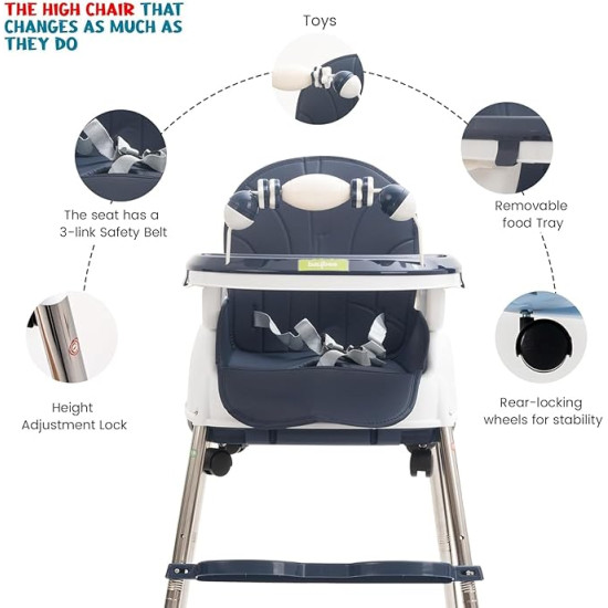 Adjustable Baby High Chair with Feeding Tray, Baby Dinner Chair with Wheels