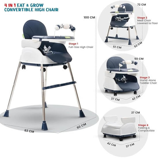 Adjustable Baby High Chair with Feeding Tray, Baby Dinner Chair with Wheels