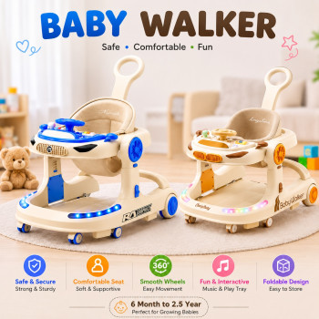 Anti-O-Legs Foldable Baby Walker with Music, Adjustable Height & Safety Wheels for Toddlers