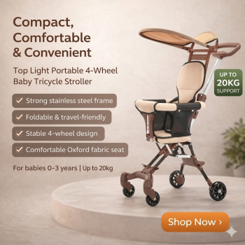 Top Light Portable 4-Wheel Mini Baby Tricycle Stroller with Stainless Steel Frame |Brown Color