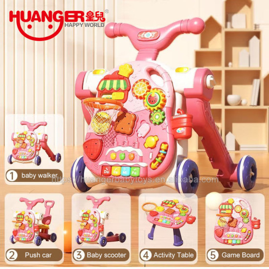 Huanger Multifunctional Baby Walkers Andador Activity Table Kids Trolley Adjustable 5 in 1 Baby Push Walker With Activity Table