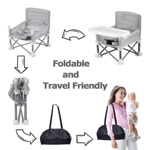 Portable Foldable Baby Chair with Canopy & Feeding Tray (Gray/Black) Portable Foldable Baby Chair with Canopy & Feeding Tray (Gray/Black)