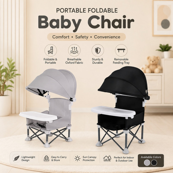 Portable Foldable Baby Chair with Canopy & Feeding Tray (Gray/Black) Portable Foldable Baby Chair with Canopy & Feeding Tray (Gray/Black)