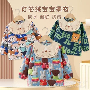 Corduroy Waterproof Baby Smock Bib – Long Sleeve Anti-Dirty Feeding Apron (0–2 Years) | Autumn Winter Reverse Wear Baby Protective Clothing