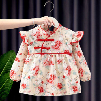 Waterproof Baby Girl Feeding Dress – Long Sleeve Autumn Winter Princess Bib Apron (peony rabbit) | Stylish Toddler Overalls (0–2 Years)
