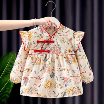 Waterproof Baby Girl Feeding Dress – Long Sleeve Autumn Winter Princess Bib Apron (Sunflower Rabbit Design) | Stylish Toddler Overalls (0–2 Years)