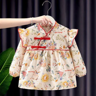 Waterproof Baby Girl Feeding Dress – Long Sleeve Autumn Winter Princess Bib Apron (Sunflower Rabbit Design) | Stylish Toddler Overalls (0–2 Years)