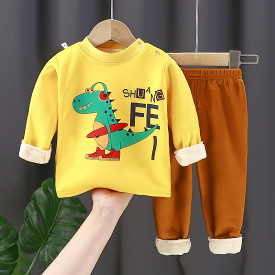 Children's Clothing Top-Bottom Set | For Cool Night and AC Room | Fleece yellow dinosaur