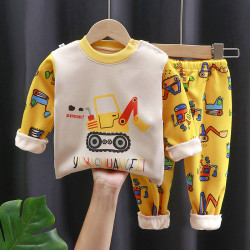 Children's Clothing Top-Bottom Set | For Cool Night and AC Room | Fluffy yellow excavator