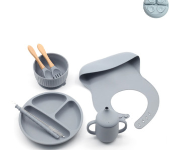 ScandiBite™ Silicone Dinner Set with Children's Eating Bib | 8pcs Set | Special Edition | Dark Gray
