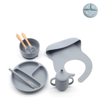 ScandiBite™ Silicone Dinner Set with Children's Eating Bib | 8pcs Set | Special Edition | Dark Gray