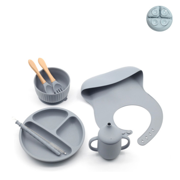 ScandiBite™ Silicone Dinner Set with Children's Eating Bib | 8pcs Set | Special Edition | Dark Gray