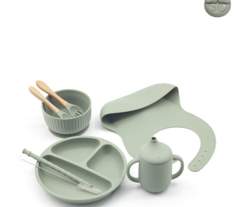 ScandiBite™ Silicone Dinner Set with Children's Eating Bib | 8pcs Set | Special Edition | Avocado Color