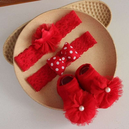 Combo Set Bow Hairband & Socks Set | 0-12 Months | Baby Accessories Sets | Red Dot