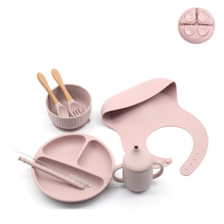 ScandiBite™ Silicone Dinner Set with Children's Eating Bib | 8pcs Set | Special Edition | Leather Pink