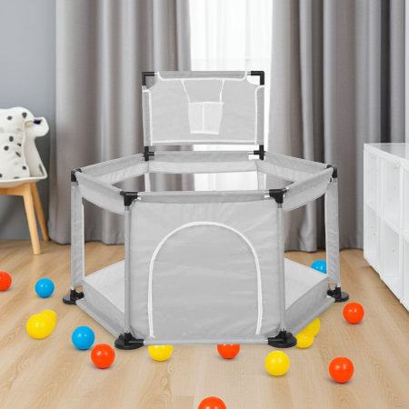 Round Playpen for twin, with Basketball Hoop, Comes with Bracket, Stainless Steel Framing with 30 Pcs Ball | Gray