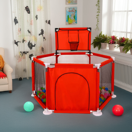 Round Playpen for twin, with Basketball Hoop, Comes with Bracket, Stainless Steel Framing with 30 Pcs Ball | Red