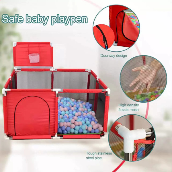 Playpen 4x4 Feet | Playpen for twin, with Basketball Hoop, Comes with Bracket, Stainless Steel Framming with 30 Pcs Ball